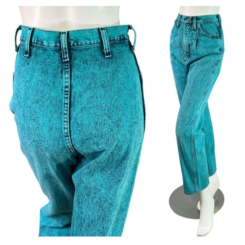 80s Wrangler Acid Wash Turquoise Over-Dye High Rise Jeans Straight Leg Size 7/8